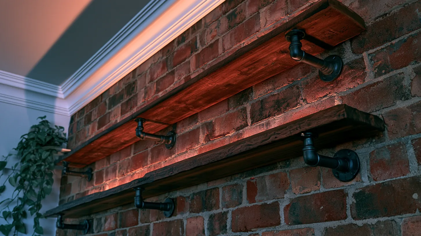 Rustic wooden shelves mounted on a brick wall with warm lighting, featuring industrial piping and a green plant.