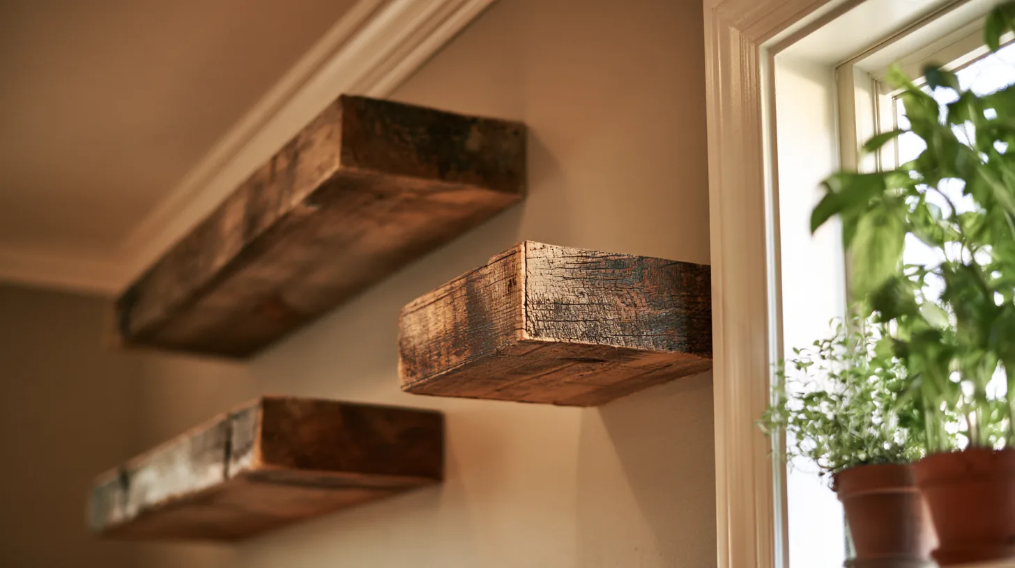 Rustic wooden wall shelves with plants and natural light from a window.