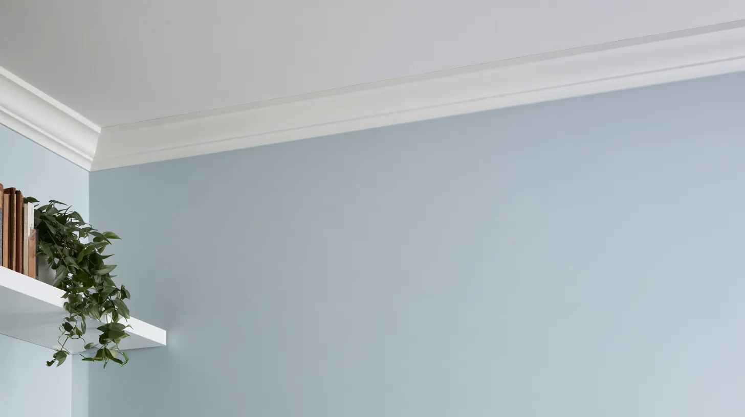 Soft blue wall with a white shelf and a small green plant, designed for a professional setting.