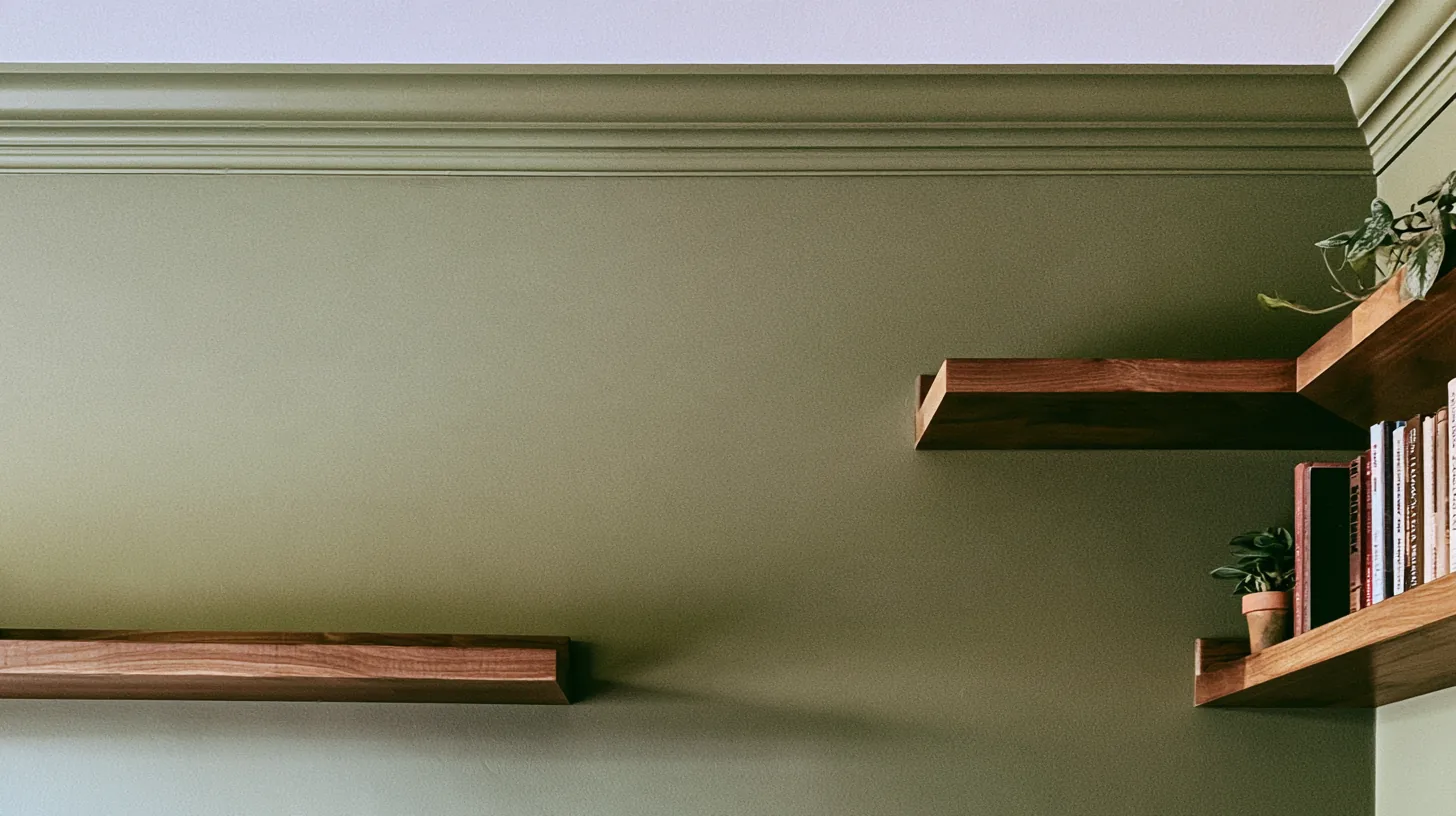 Soft green wall featuring wooden floating shelves with small plants and books, designed for a professional setting.