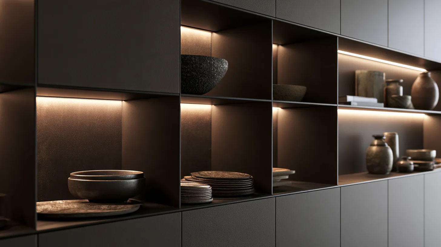 Stylish wall shelves with pottery and dishware illuminated by soft lighting, creating a modern aesthetic.
