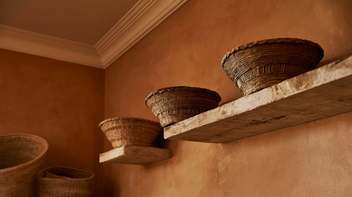 Textured wall featuring floating shelves with woven baskets, creating a cozy and inviting setting.