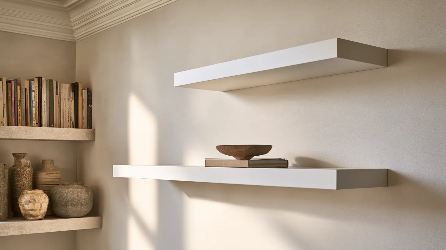 Textured wall with two floating white shelves displaying a bowl and decorative objects, creating a serene atmosphere.