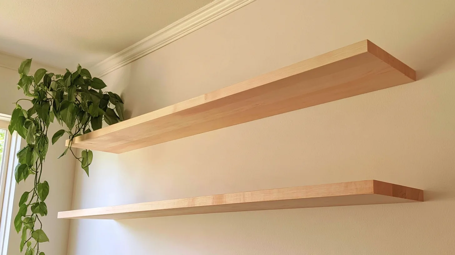 Two minimalist wooden wall shelves with a green plant, softly lit against a neutral wall.