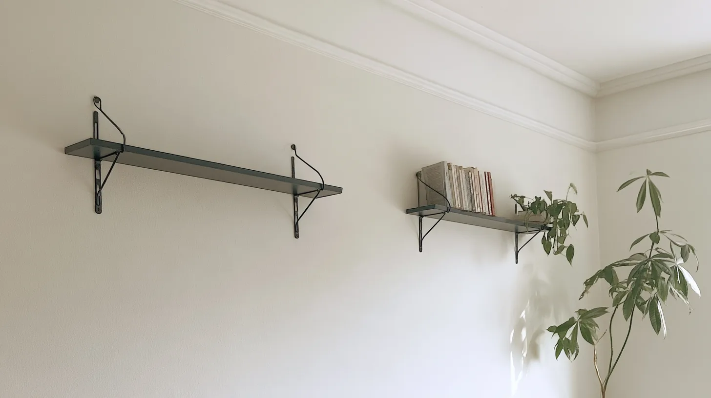 Two wall shelves with books and a potted plant against a neutral wall, designed for a professional setting.