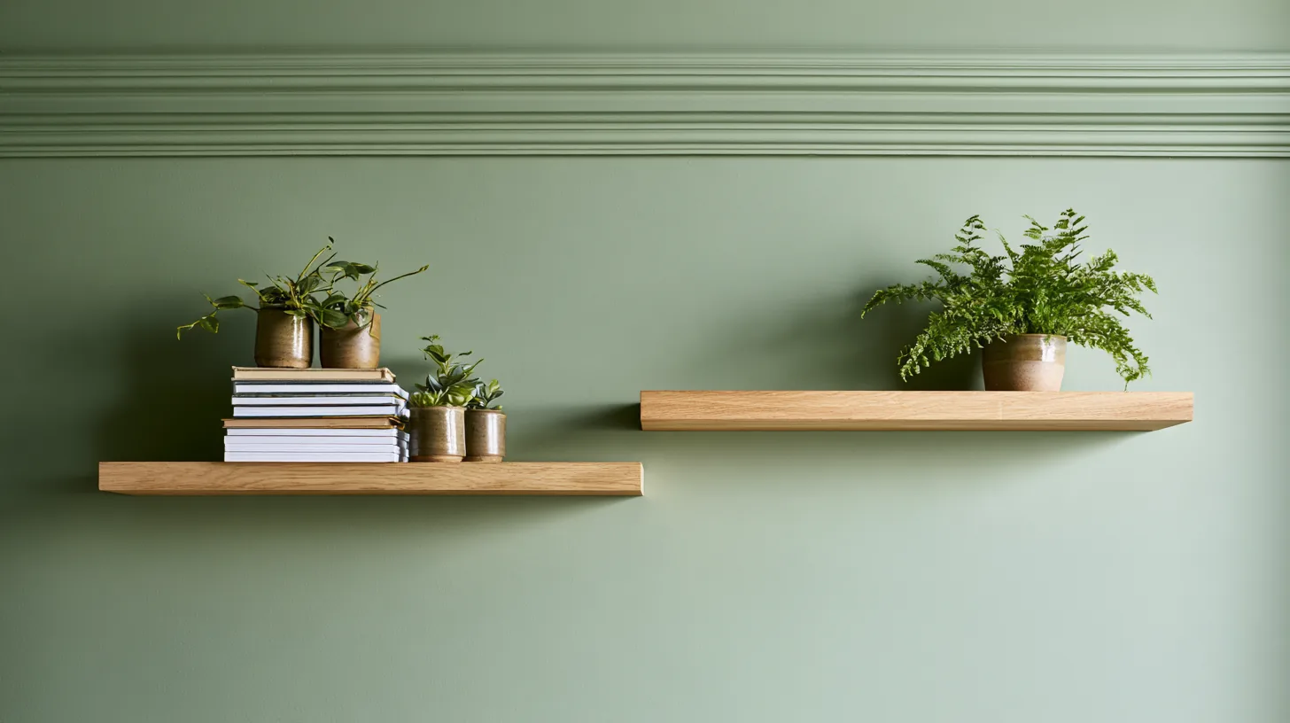 Two wooden wall shelves with potted plants against a soft green wall, creating a calming and professional environment.