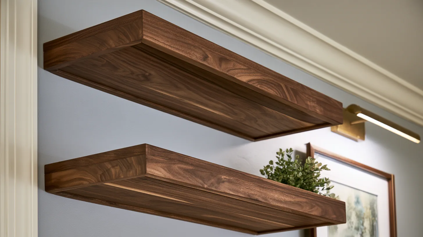 Two wooden wall shelves with a small plant and framed artwork above, creating a sophisticated backdrop.