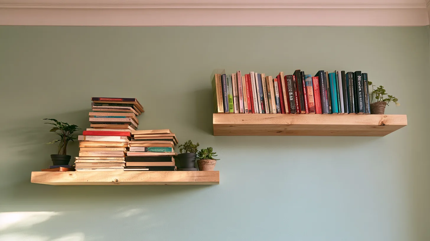 Wall shelves displaying a collection of books and small potted plants against a soft green wall.