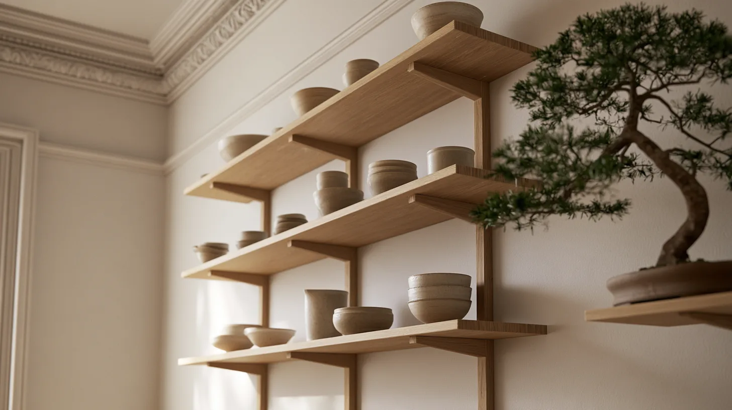 Wall shelves featuring various pottery pieces in a softly lit room, creating a calm and professional ambiance.