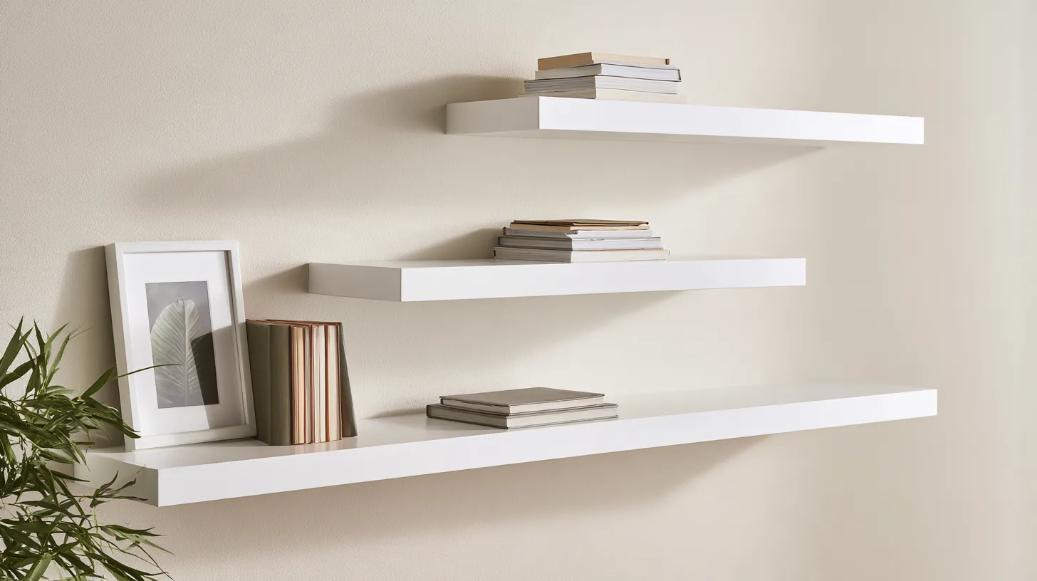 White floating shelves displaying books and a framed picture against a neutral wall.