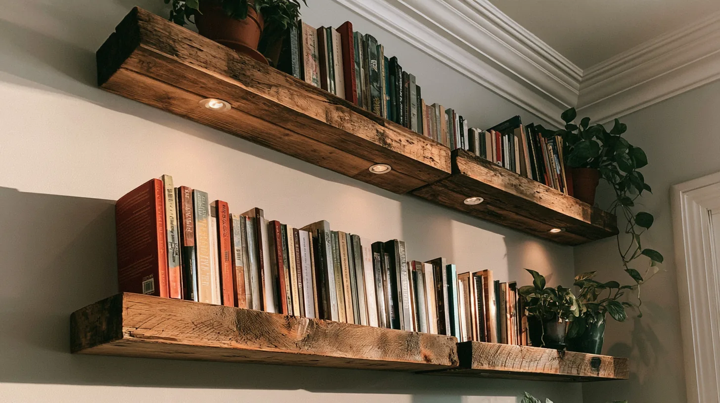 Wooden bookshelves filled with various books and small plants, illuminated by warm lighting.