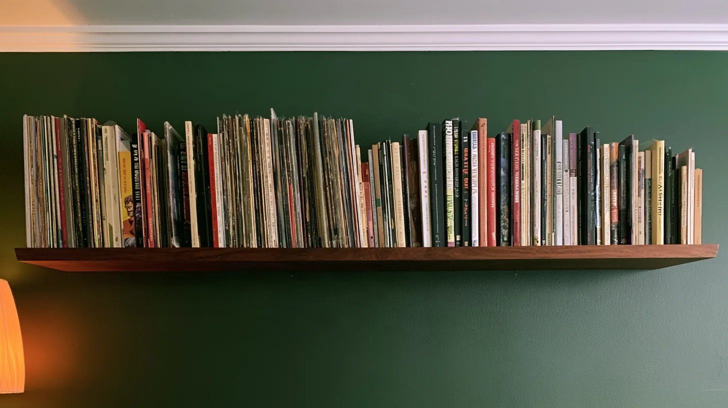 Wooden shelf displaying a variety of books against a rich green wall.