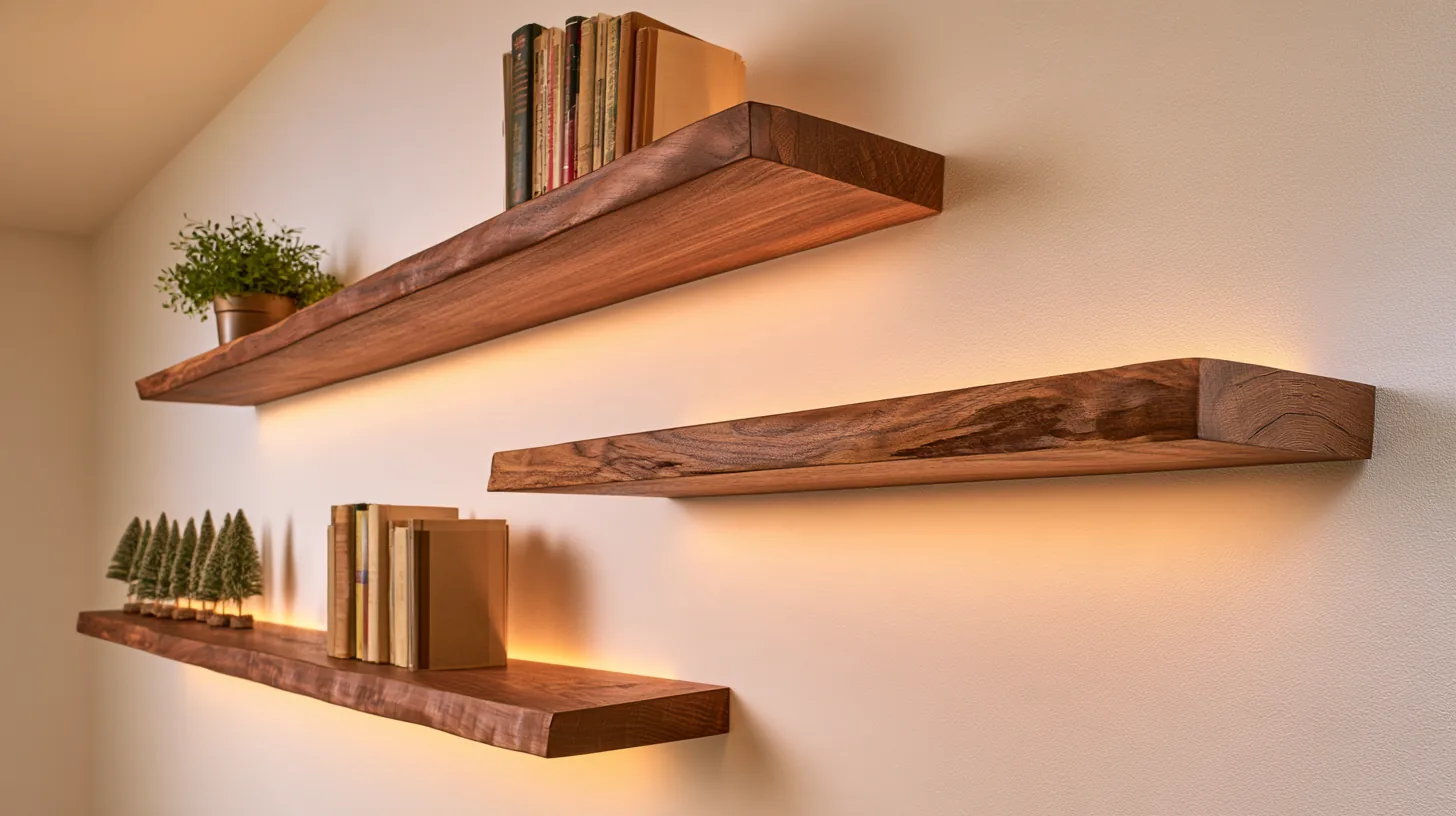 Wooden wall shelves with books and small plants, softly lit for a warm ambiance.