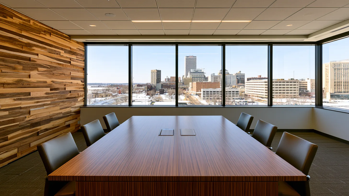 Boardroom with a large wooden table and floor-to-ceiling windows showcasing a city skyline.