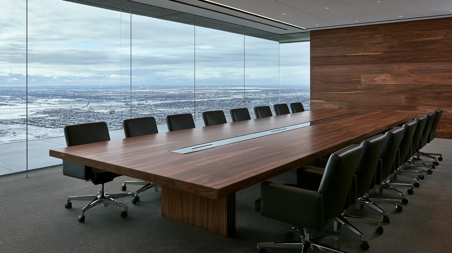Boardroom with a long wooden table, leather chairs, and large glass windows overlooking a cityscape.