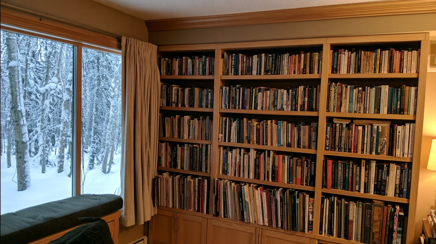 Bookshelves filled with various books beside a window showing a snowy landscape outside.