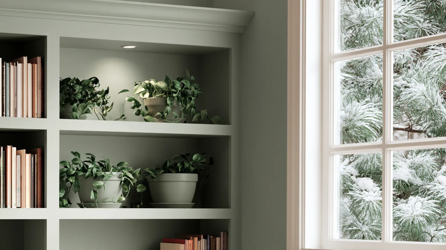 Bookshelves with potted plants and books beside a window showing a snowy landscape.