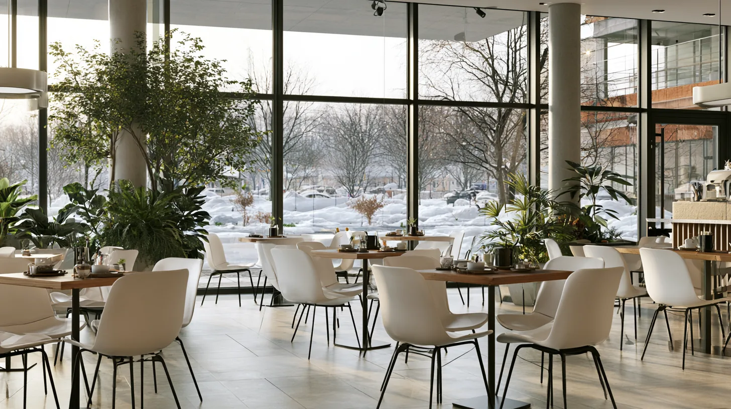 Bright cafe interior with white chairs, wooden tables, and large windows showcasing greenery outside.