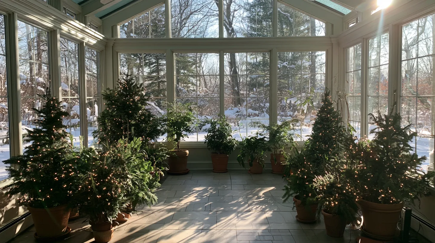 Bright conservatory filled with potted plants, large windows showing a snowy landscape outside, creating a warm atmosphere.