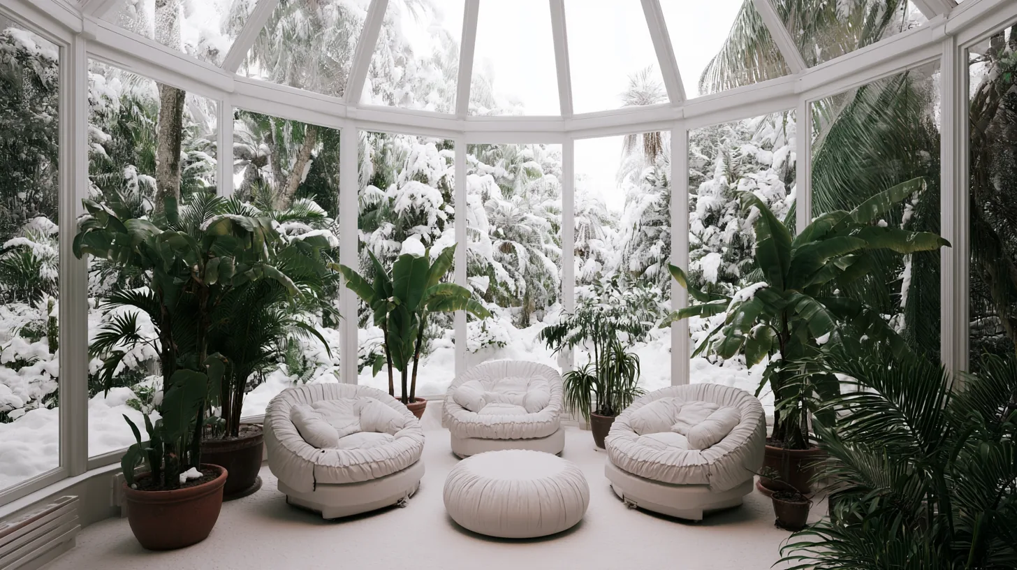A bright conservatory with white seating surrounded by snow-covered greenery visible through large glass windows.