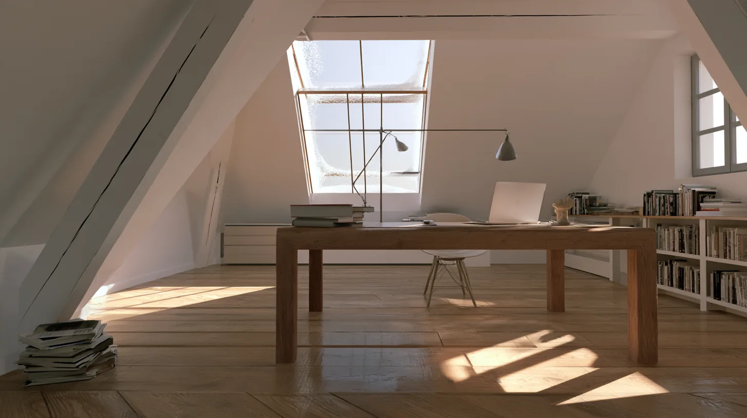 A bright home office with a wooden desk, chair, and bookshelves, illuminated by natural light from a skylight.