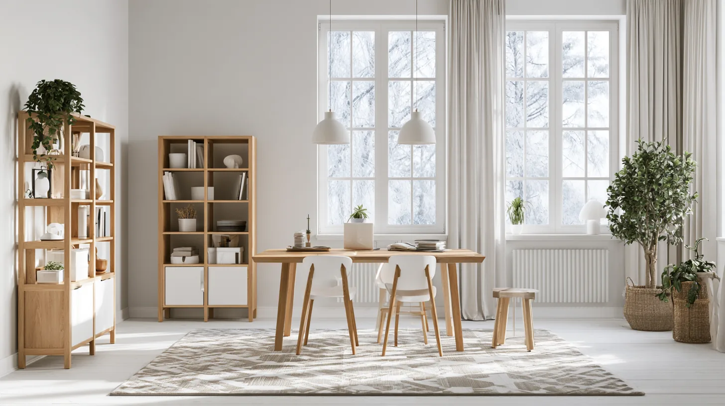 A bright home office with a wooden table, white chairs, and large windows showing a snowy landscape.