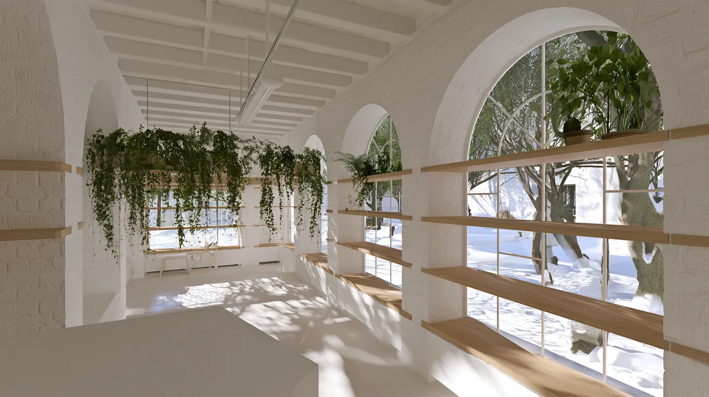 Bright interior space with large windows, white walls, and winter scenery visible outside, featuring plants and wooden shelves.