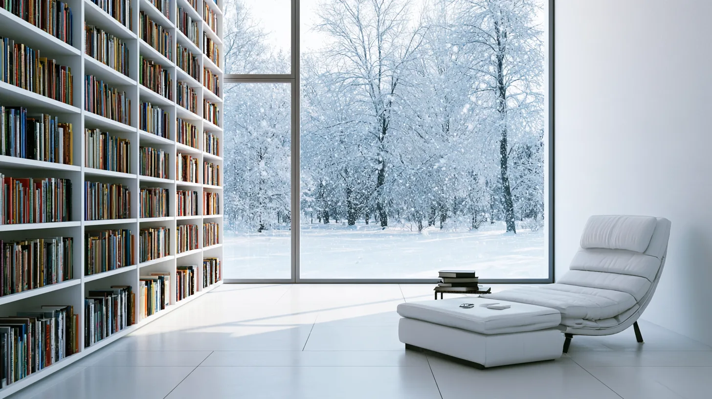 Bright library with a reading chair and large window showing a snowy landscape outside.