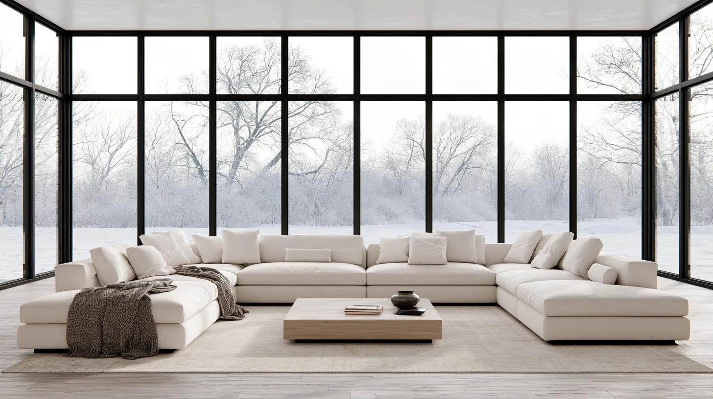 Bright living room with large windows showcasing a snowy landscape outside, featuring a sectional sofa and a coffee table.