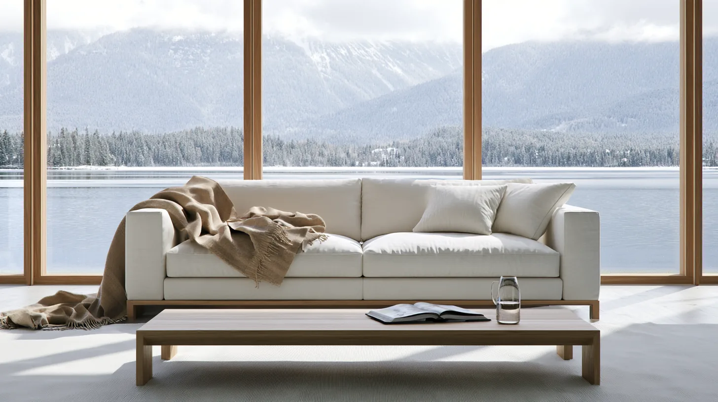 Bright living room with a white sofa, coffee table, and large windows showcasing a lake and mountains in the background.