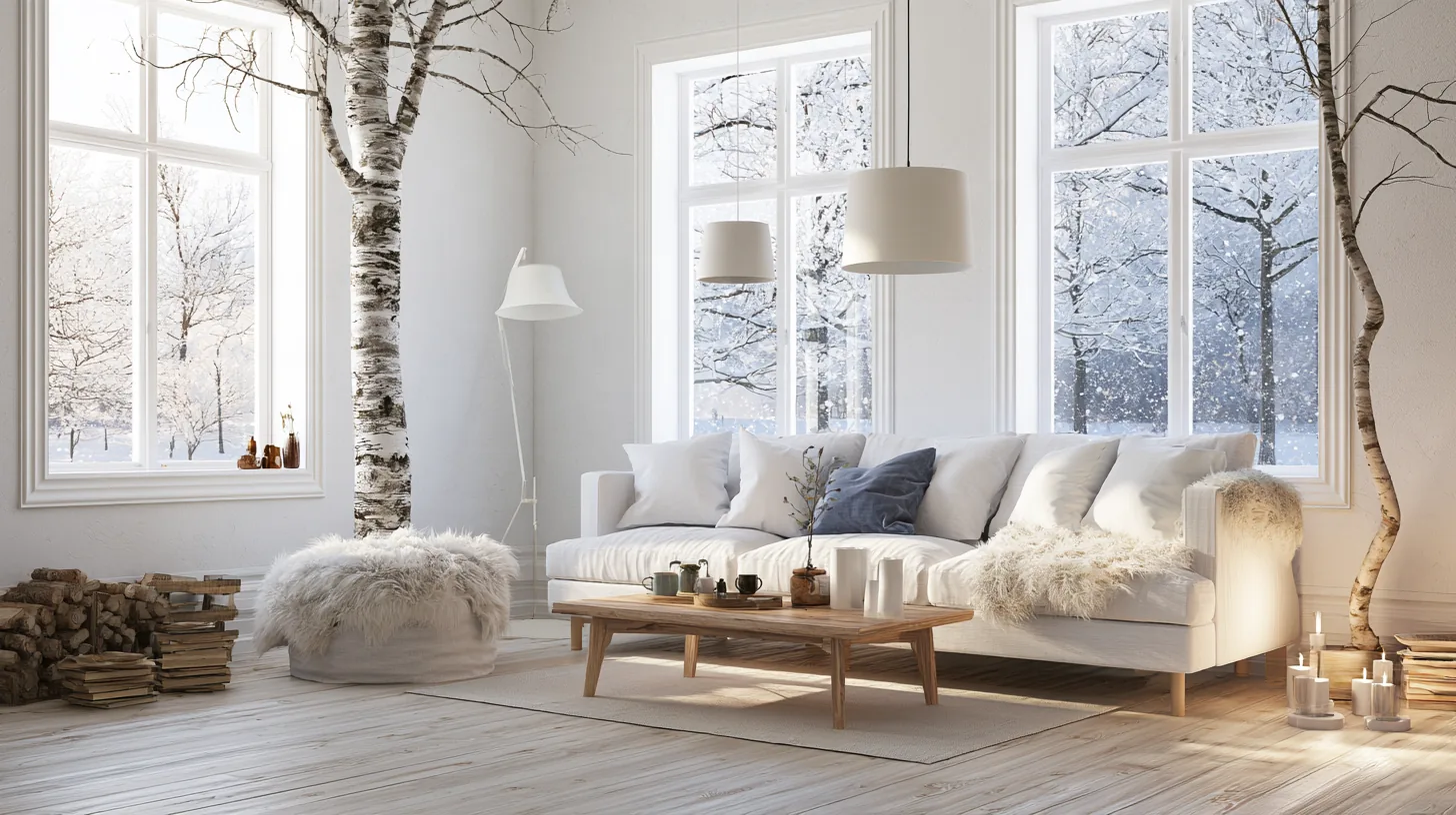 Bright living room with a white sofa, large windows showing a snowy landscape, and natural decor elements.