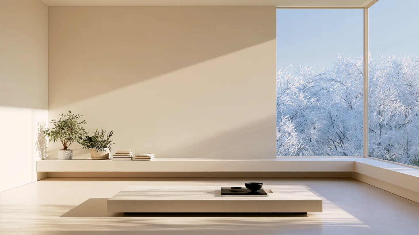 Bright minimalist room with a large window showing a snowy landscape and a simple table with decor.