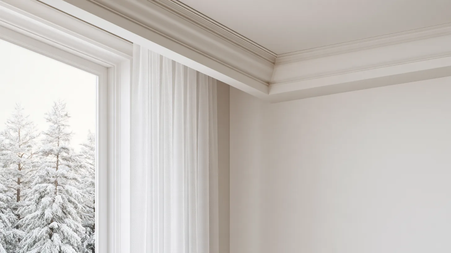 Bright office corner featuring sheer curtains and a snowy landscape outside the window.