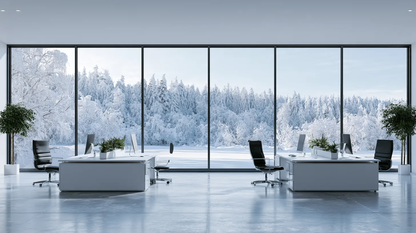 Bright office interior with large windows overlooking a snowy landscape and trees, designed for corporate use.