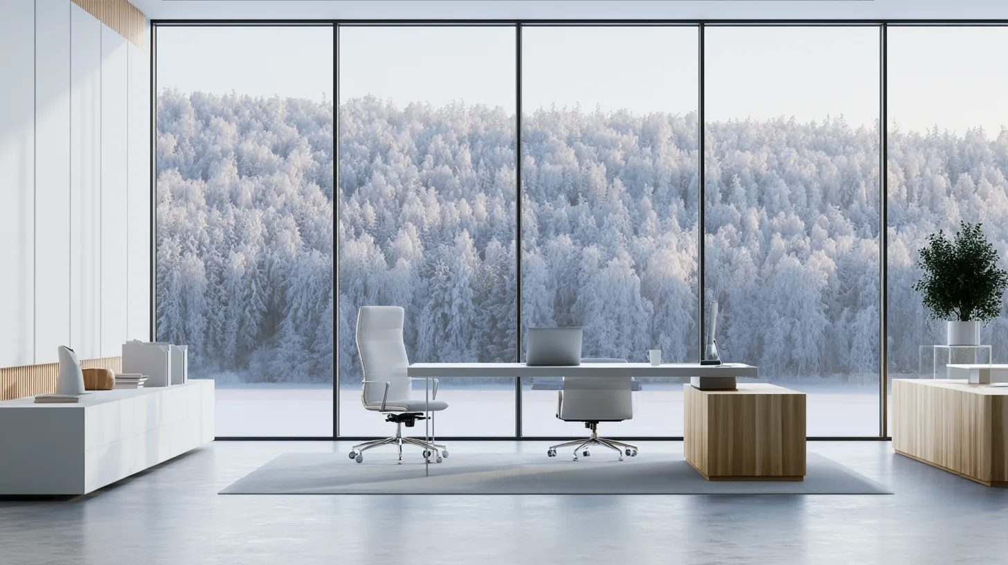 Bright office interior with large windows revealing a snowy landscape outside, featuring a modern desk and chairs.