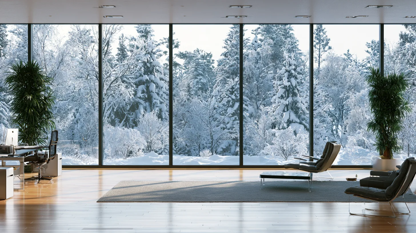 Bright office interior with large windows revealing a snowy landscape outside, featuring modern furniture and plants.