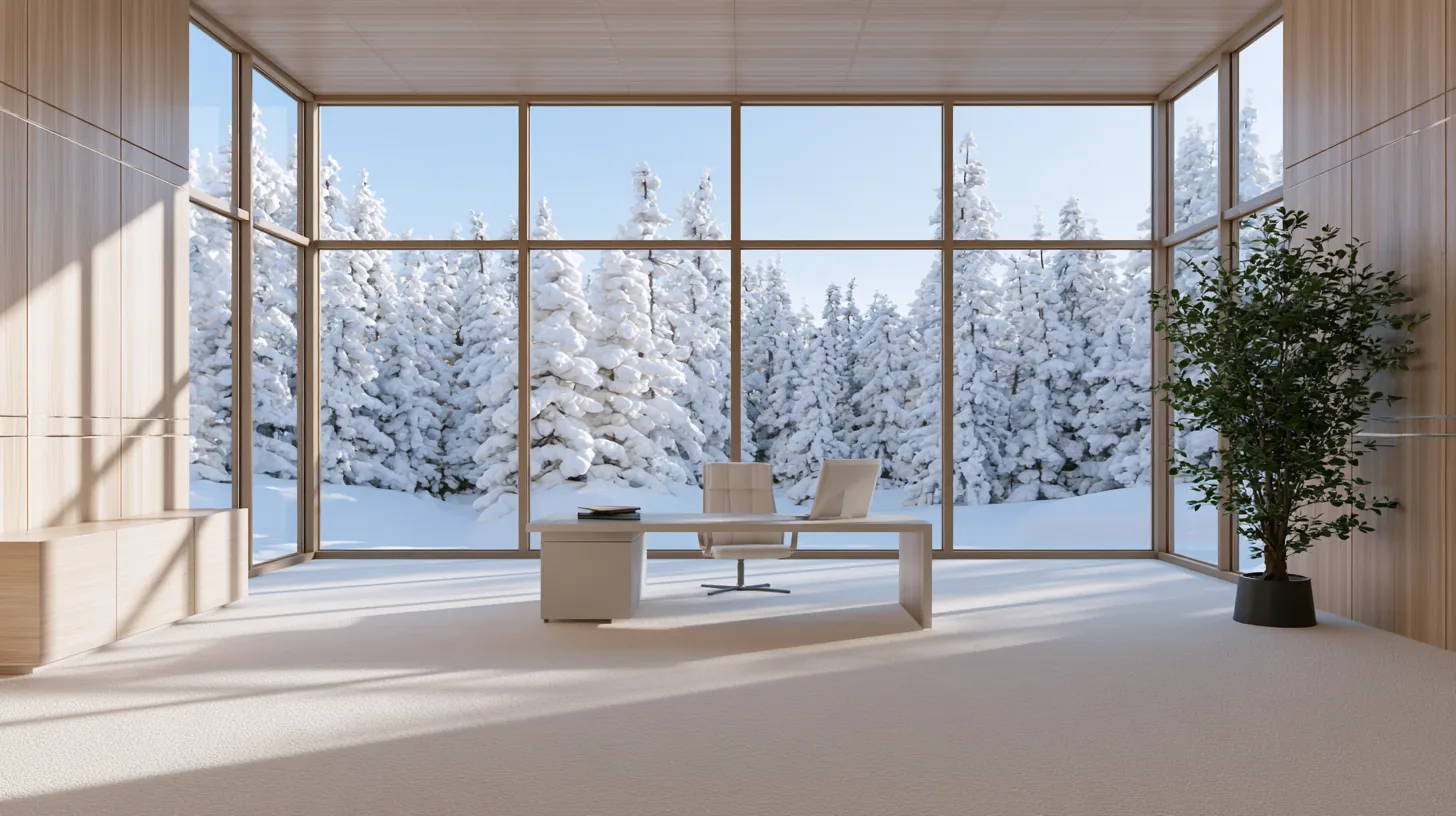 Bright office interior with large windows revealing a snowy forest outside, featuring minimalist furniture and a potted plant.
