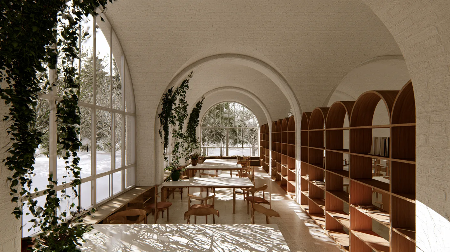 Bright office space with arched windows, wooden shelves, and natural light, suitable for professional settings.