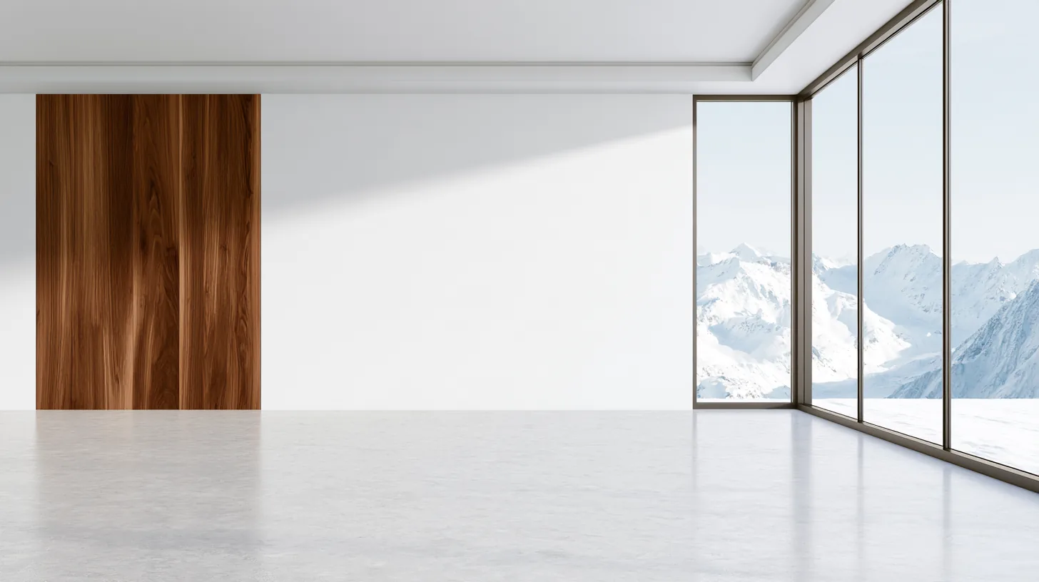 Bright office space with a large window revealing snowy mountain scenery and a wooden accent wall.