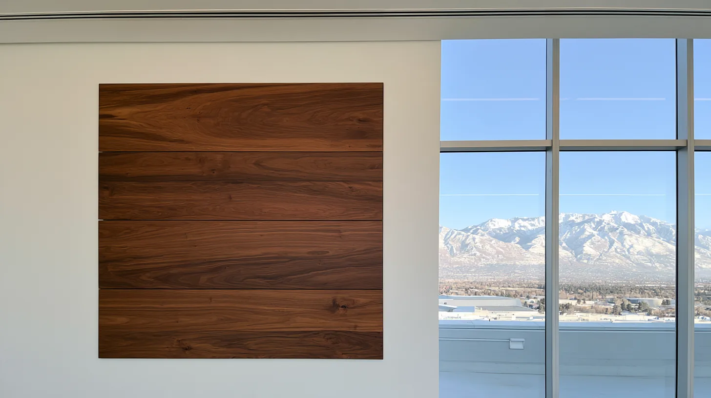 Bright office space with a large window showcasing mountain views and a wooden wall feature.