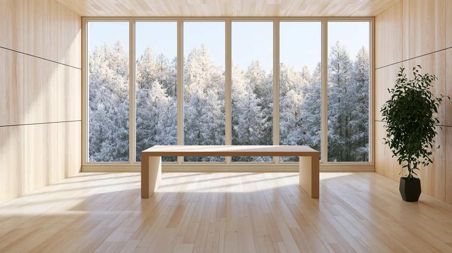 Bright office space featuring large windows with a snowy forest view, wooden flooring, and a simple bench.