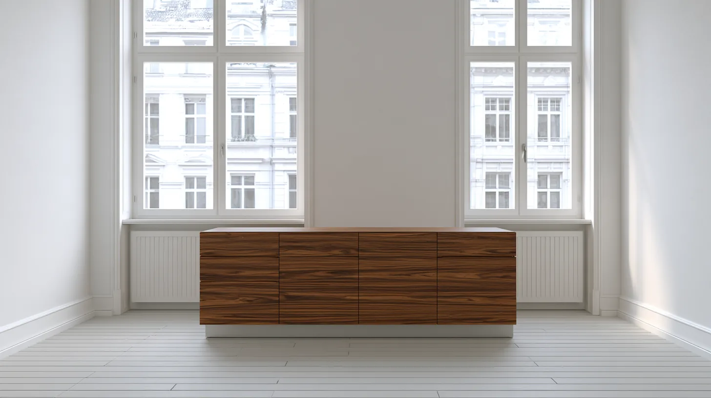 Bright office space with large windows and a wooden cabinet, designed for corporate settings.