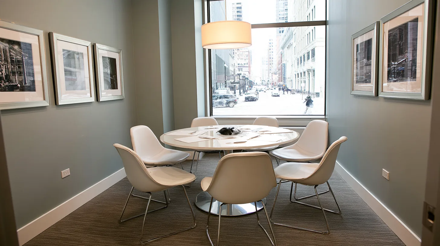 Conference room with a round table and white chairs, large windows showing a city view.