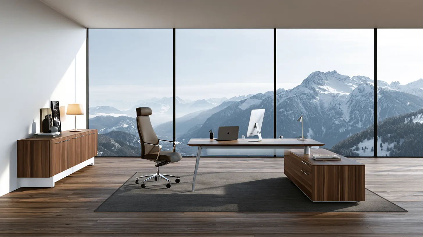 Contemporary office interior with a desk, chair, and large windows showcasing a mountain landscape.