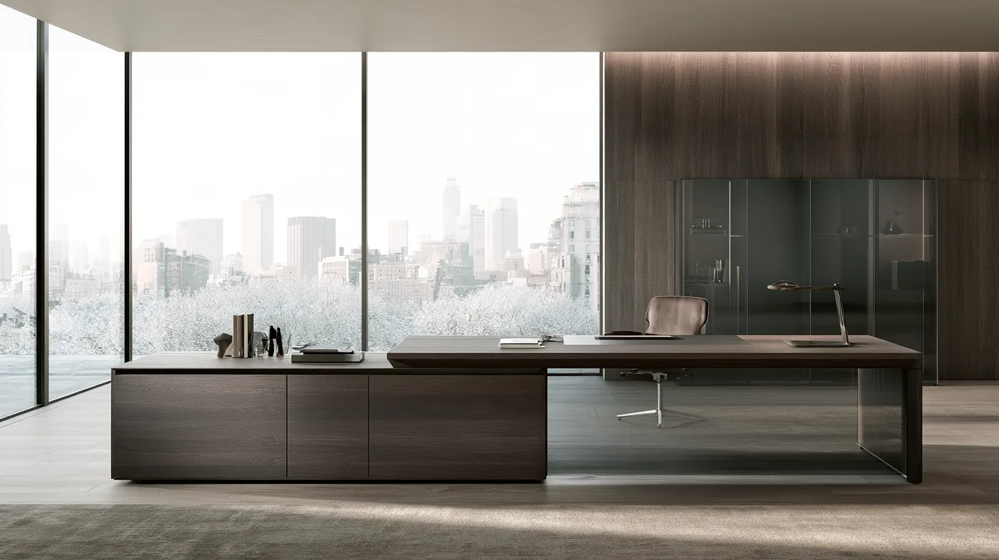 Contemporary office interior with a large desk, chair, and expansive windows overlooking a city skyline.