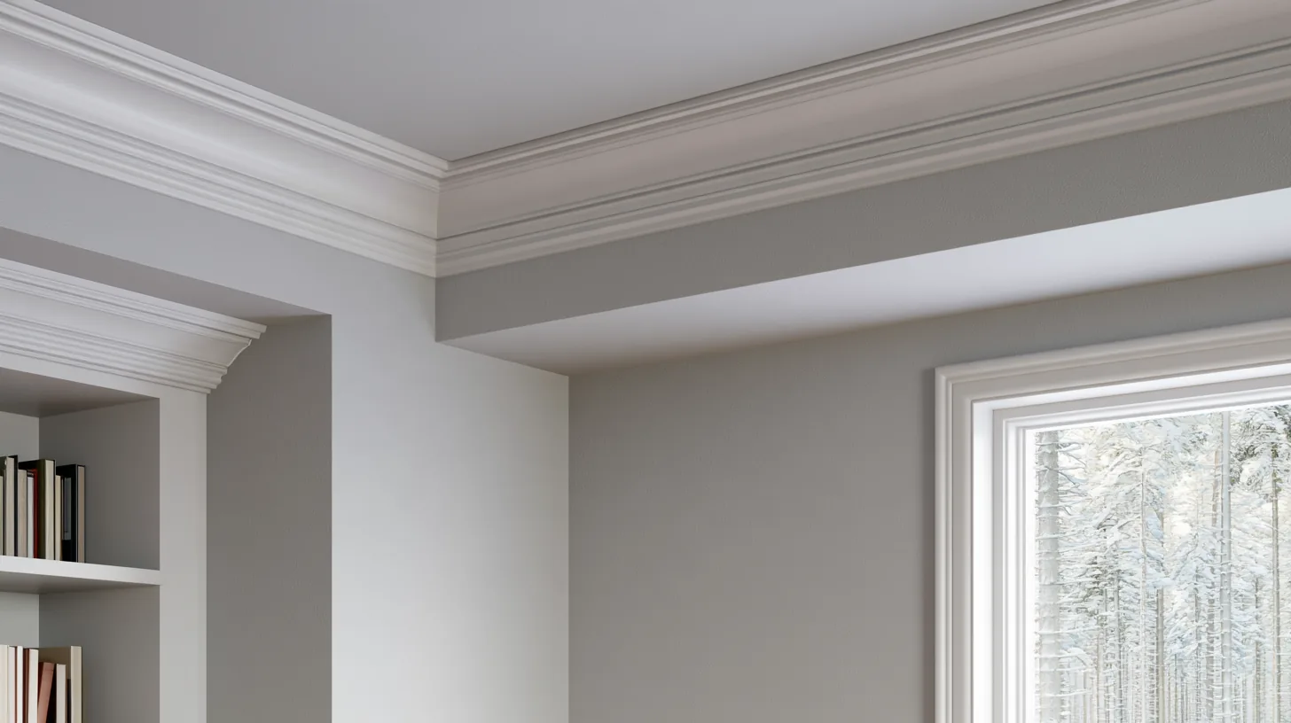 Corner of a corporate office with soft gray walls and elegant crown molding, featuring a window with a view of trees.
