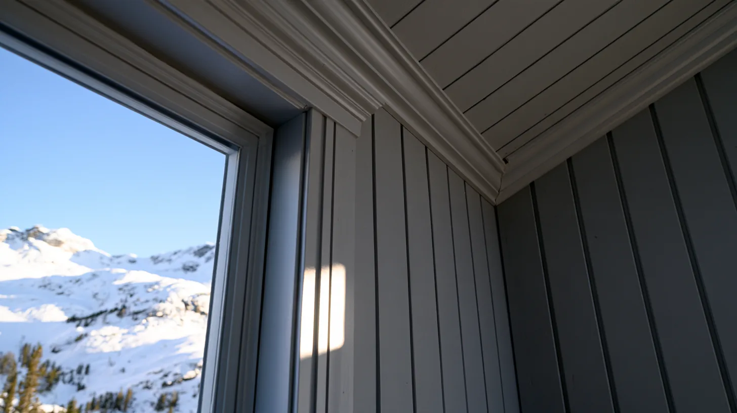 Corner of a room with a snowy mountain view through a window, featuring light gray paneling and soft natural light.
