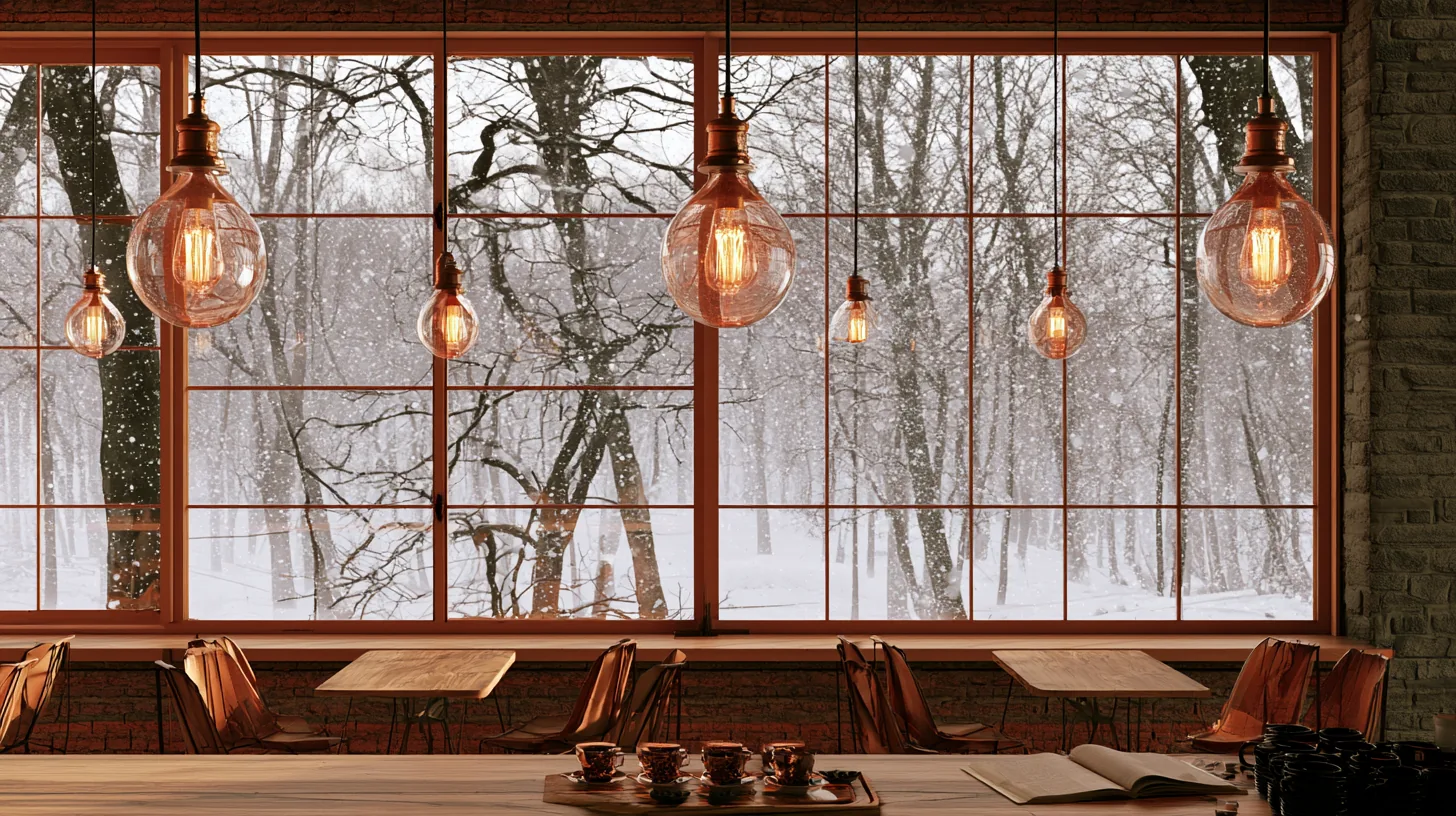 A cozy coffee shop interior featuring wooden tables and warm pendant lights, with a snowy landscape visible through large windows.