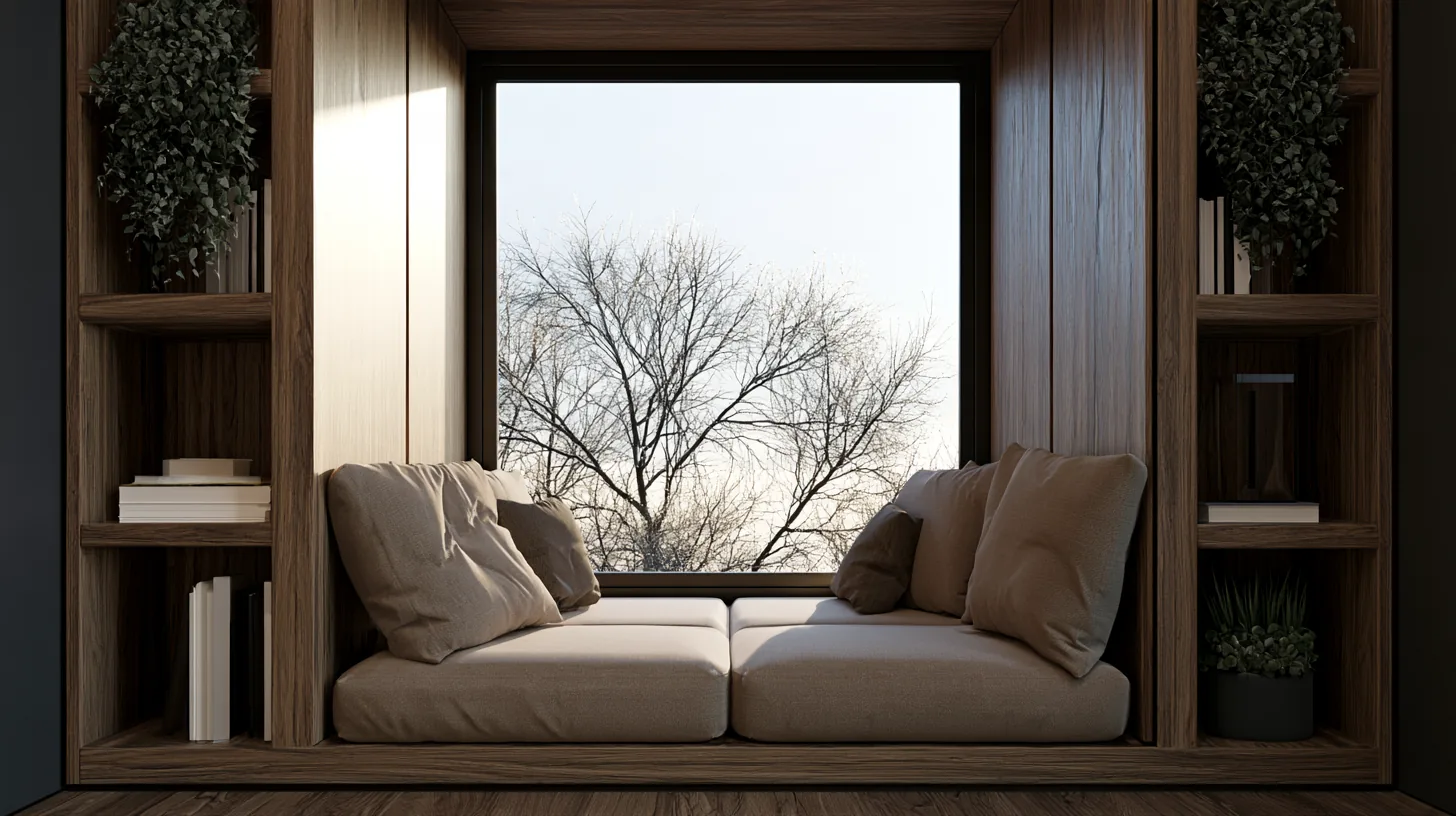 A cozy home office nook featuring soft cushions, warm wood paneling, and a large window with a view of bare trees outside.