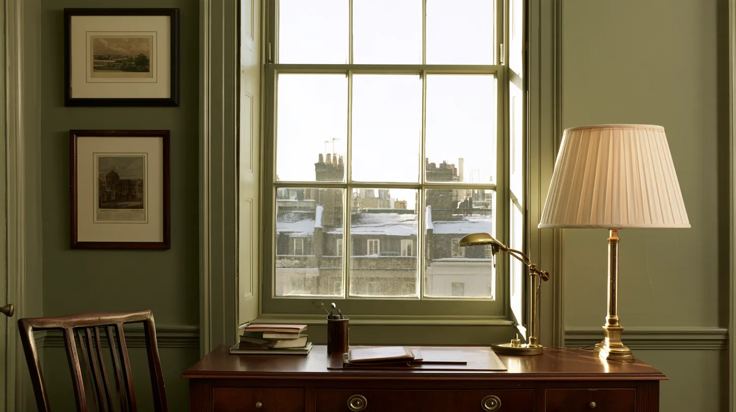 A cozy home office with soft green walls, a wooden desk, and a lamp, featuring a window view of rooftops.